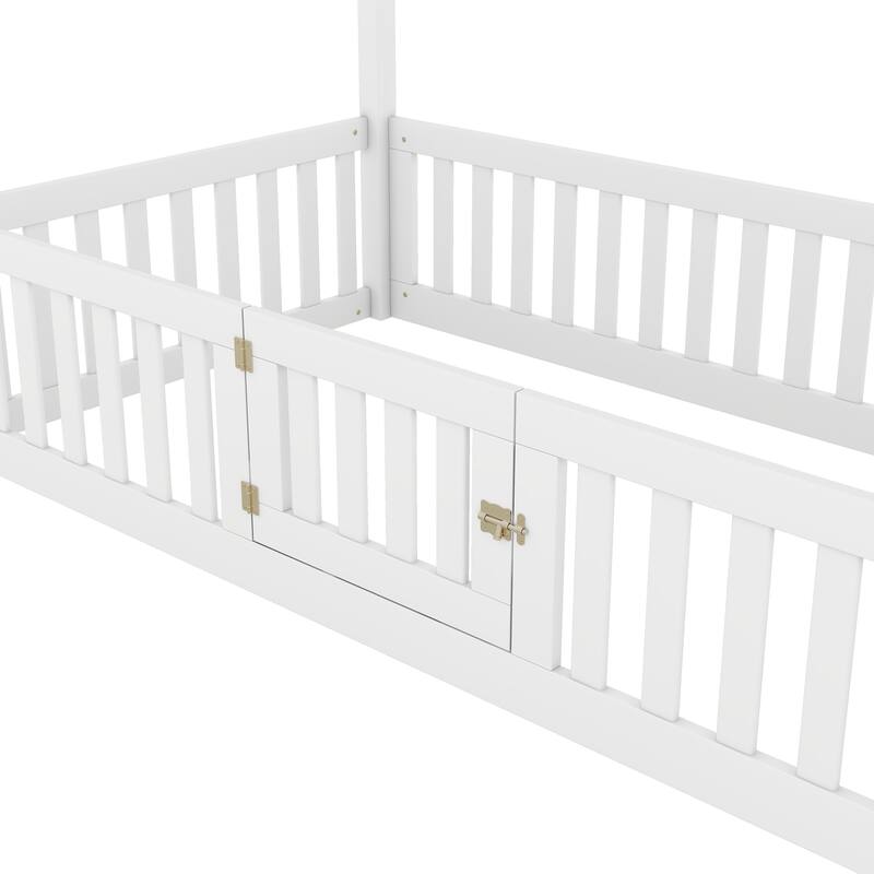 Pine House Floor Bed with Door, Fence & Roof
