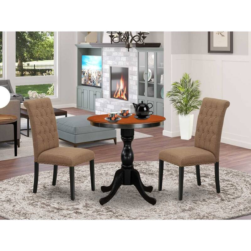 HomeStock 3-Piece Saddle Brown Finish Solid Wood Top - Button Tufted Dining Room Set - Seats 4