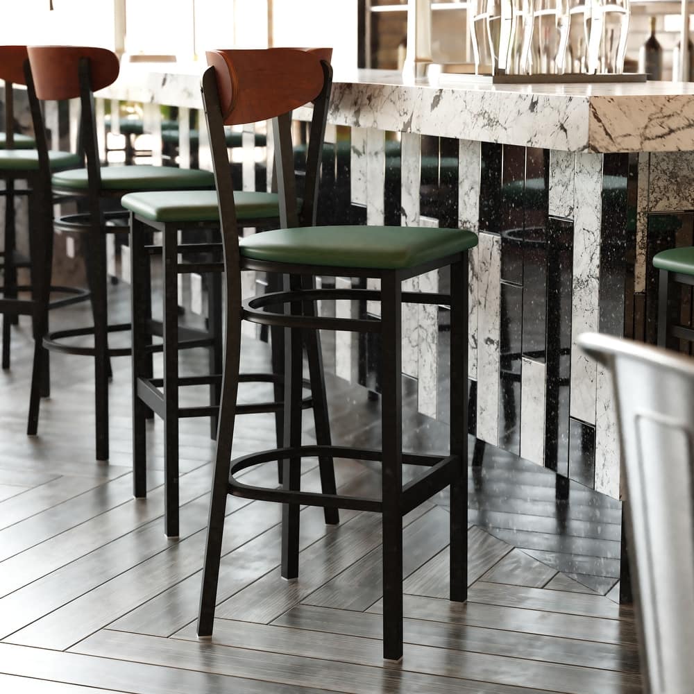 Commercial Metal Barstool with Wood Seat and Boomerang Back