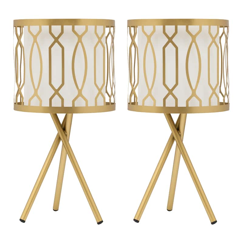 Set of 2 Harper River of Goods Gold Painted Metal Tripod 17.5-Inch Table Lamps with Gold Metal and White Fabric Shades