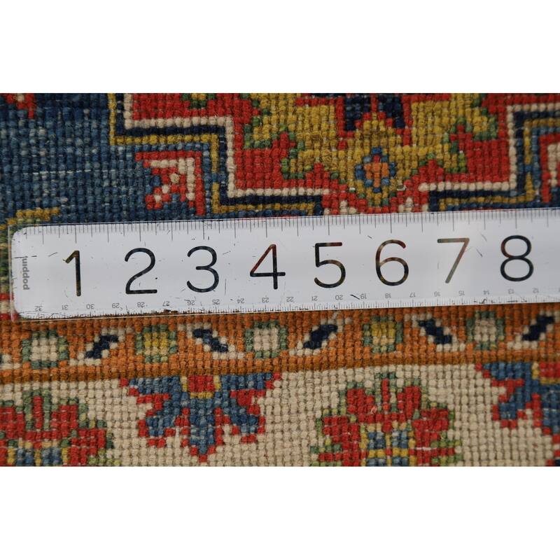 Blue Geometric Kazak Oriental Accent Rug Hand-Knotted Wool Carpet - 1'11" x 3'0"