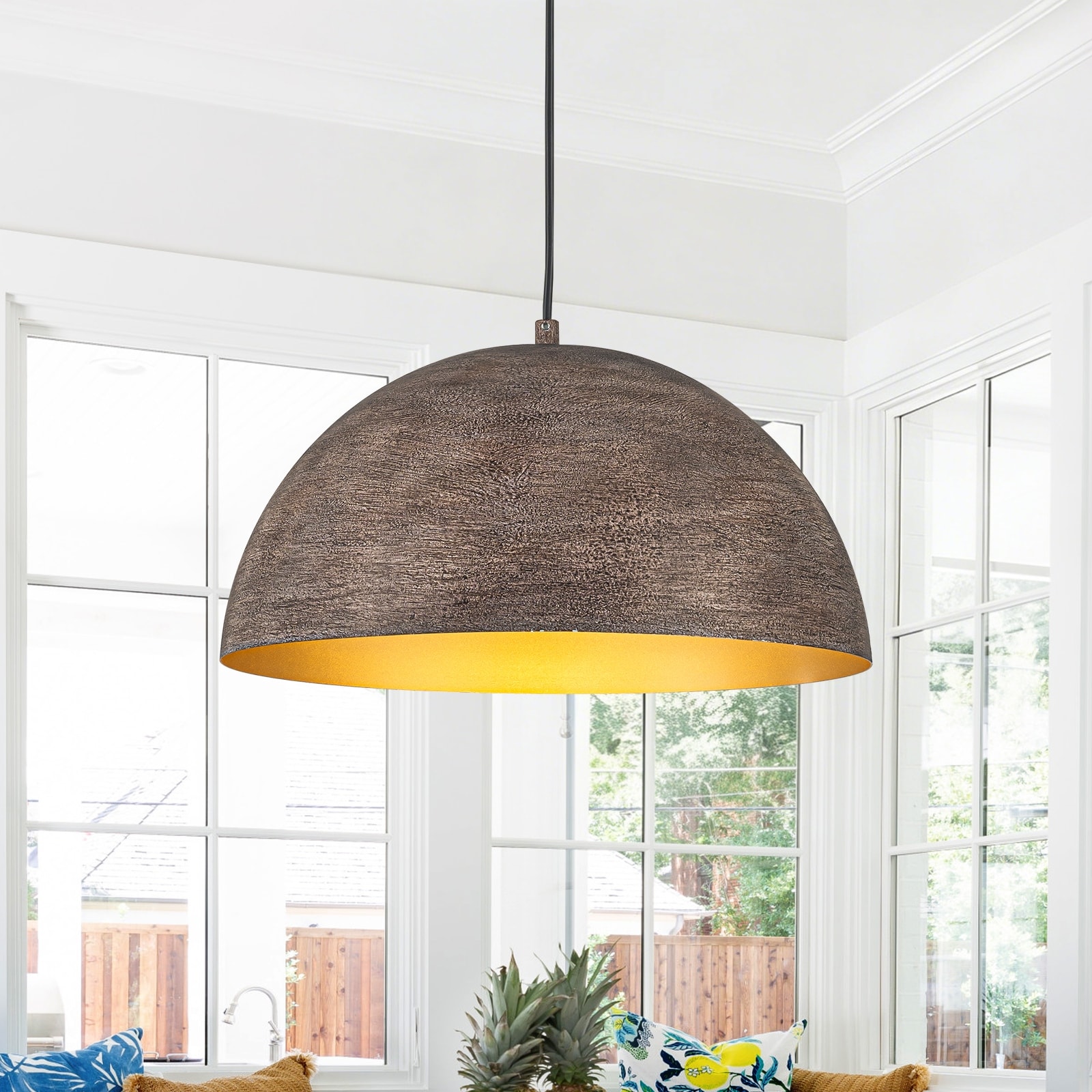 Industrial Rustic Wood-Look Dome Pendant Light for Dining Room