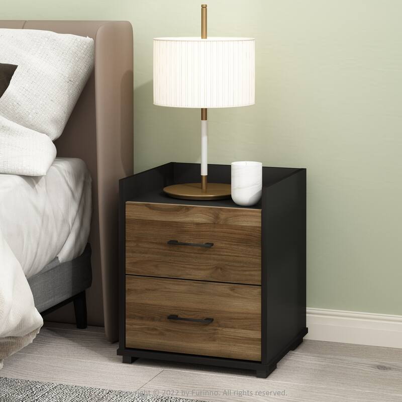 Modern Bedside Table 2 Drawer Nightstand - Bedroom Chest with Handle - Columbia Walnut/Black