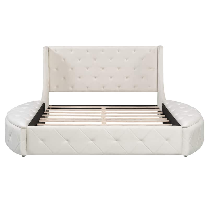 Low Profile Bed Queen Size Velvet Upholstered Platform Bed with Wingback Headboard, Big Drawer and 2 Semicircle Side Stools
