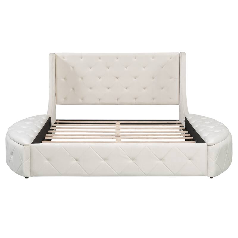 Upholstered Platform Bed Queen Size Storage Velvet Bed with Wingback Headboard and 1 Big Drawer,2 Side Storage Stool