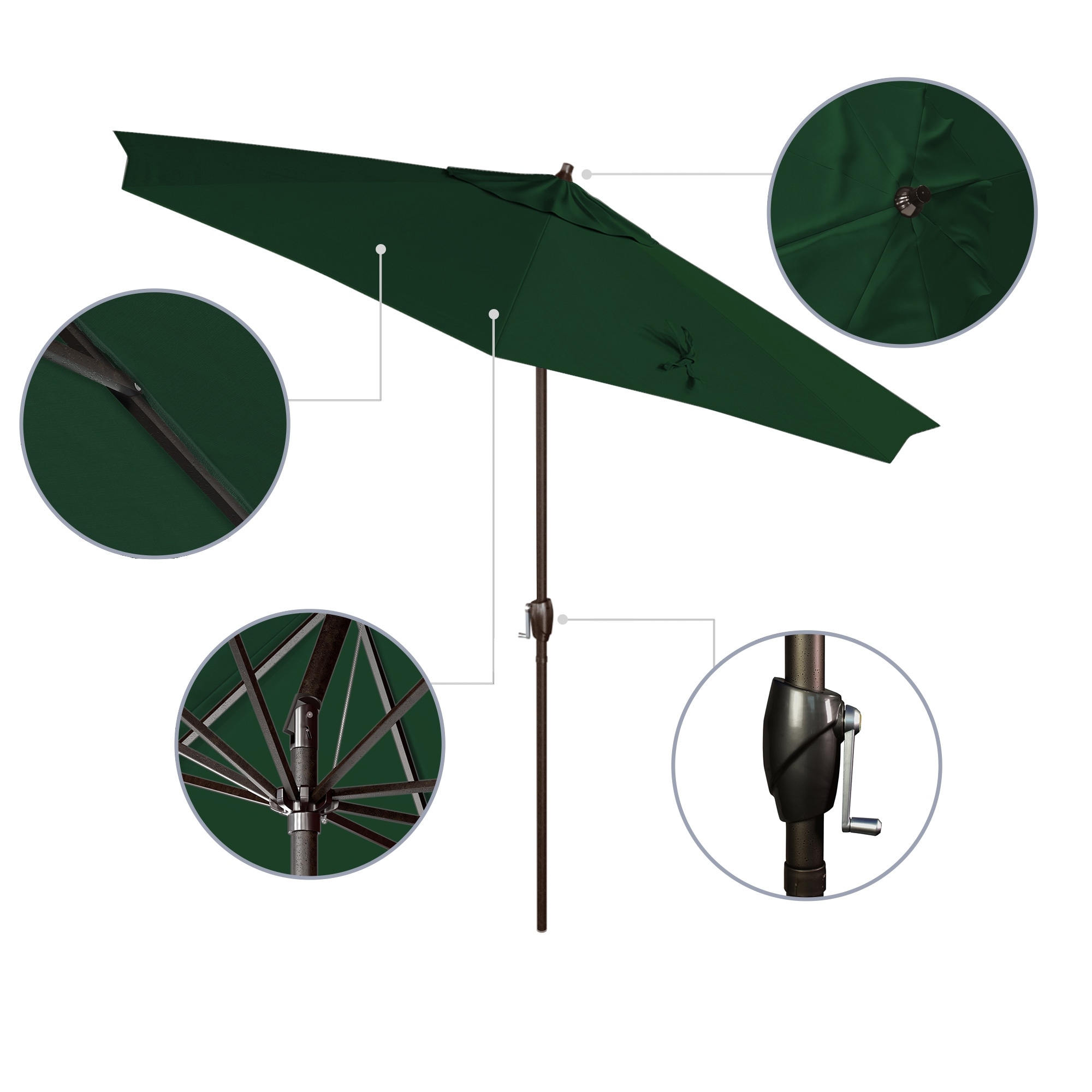 9 foot round solar aluminum patio umbrella EliteShade 9ft LED  Eurmax The canopy is 180g polyester with upgraded colorfastness and water resistant coating 9' Round Patio Umbrella with