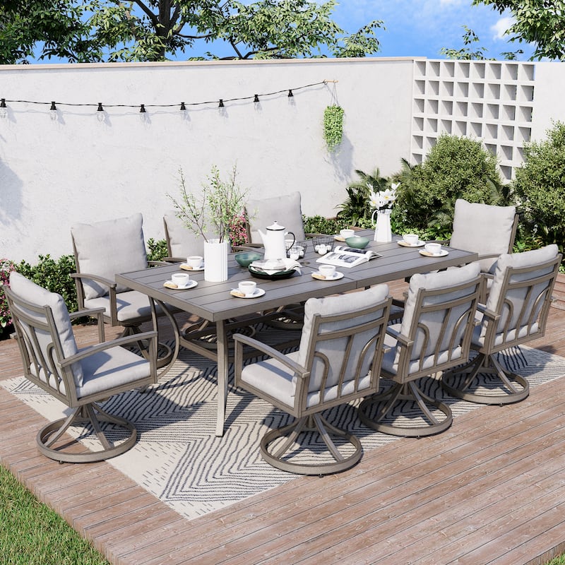 9-Piece Aluminum Patio Dining Set with 8 Swivel Dining Chairs and Washable Cushions - Grey