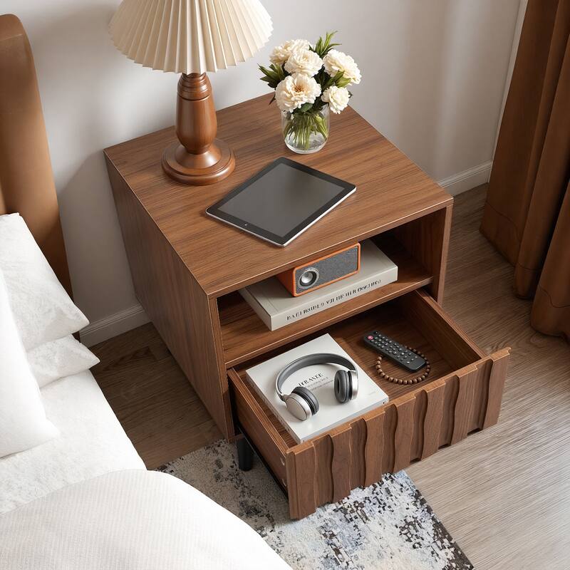 Mid-Century Modern Nightstand, Fluted End Table Drawer & Open Storage