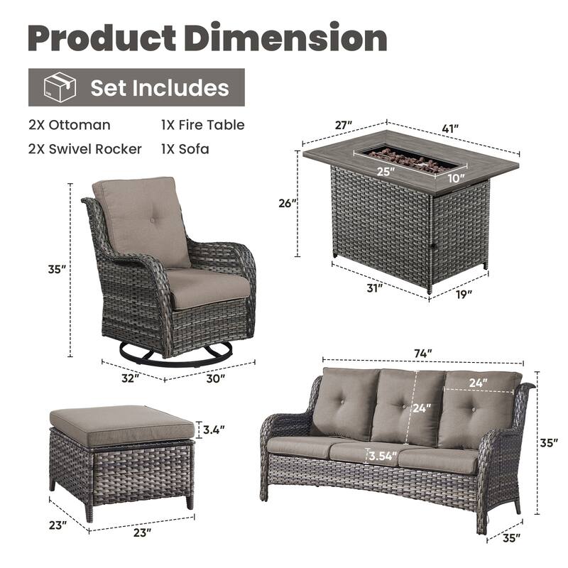 Gymojoy 6-Piece Outdoor Wicker Patio Furniture with Fire Pit Table, Rattan Coversation Set with Water Resistant Thick Cushions