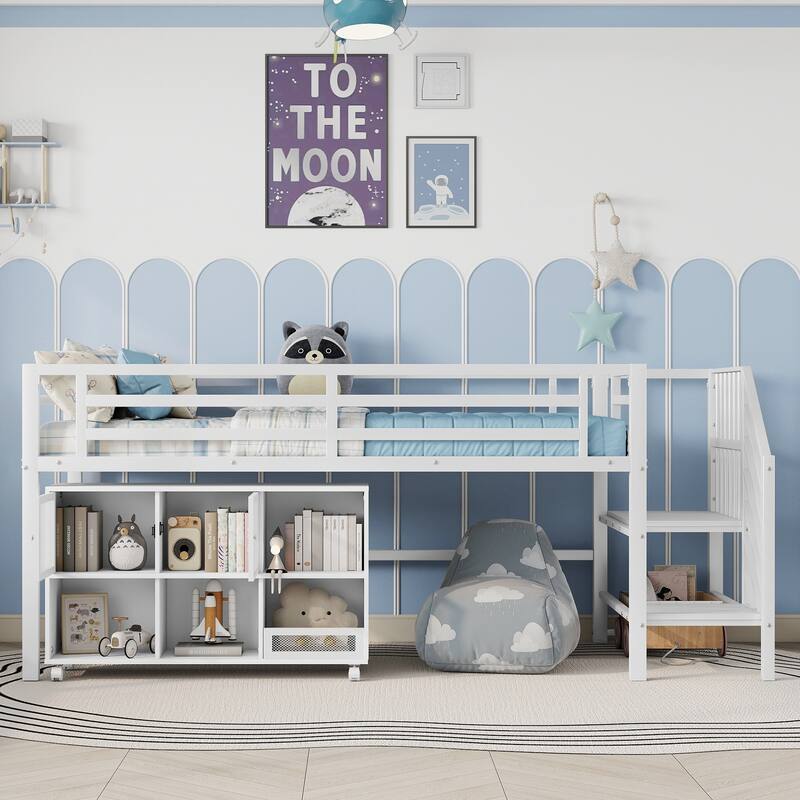 Twin Size Metal Loft Bed with Movable Storage Cabinets, Low Loft Bed Metal Frame Bed with Stairs for Kids - White - Twin