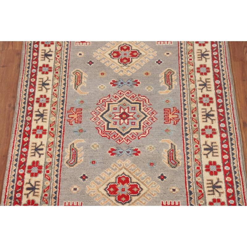 Gray Geometric Kazak Accent Rug Hand-Knotted Wool Carpet - 2'8" x 4'1"
