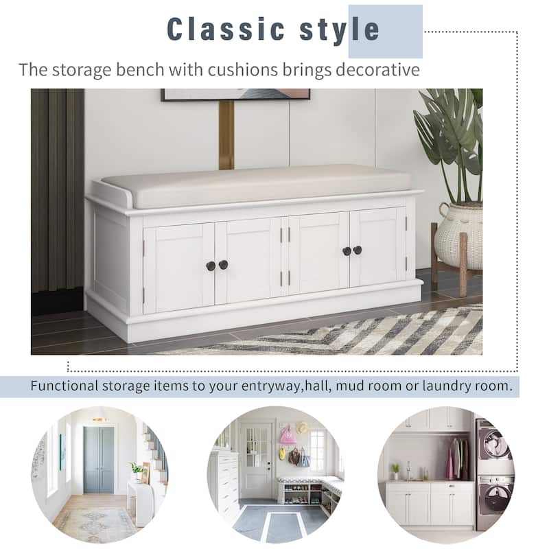 Entryway Storage Bench with 4 Doors and Adjustable Shelves, Shoe Bench Shoe Cabinet Storage Ottoman with Removable Seat Cushion