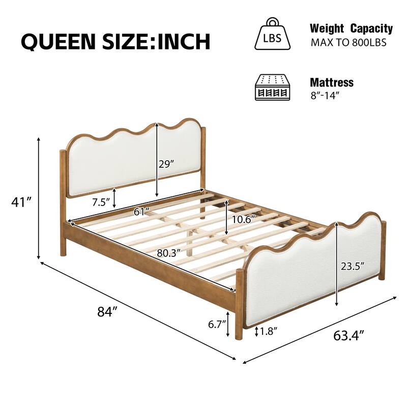 Christopher Knight Home - Modern Upholstered Boucle Bed Frame with Wooden Legs with Wavy Curved Headboard