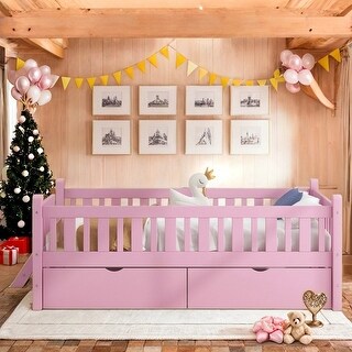 Solid Wood Platform Bed with Guardrail and 2 Drawers,Twin Size Kids Bed