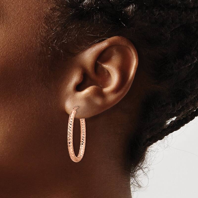 Curata 14k Foreverlite Rose Gold Oval Hinged hoop Polished and Textured Earrings - 32x19mm Wide 3mm Thick
