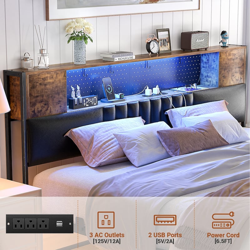 Farmhouse Bed Frame with Holey Board, Upholstered Headboard Platform Bed with Charging Station