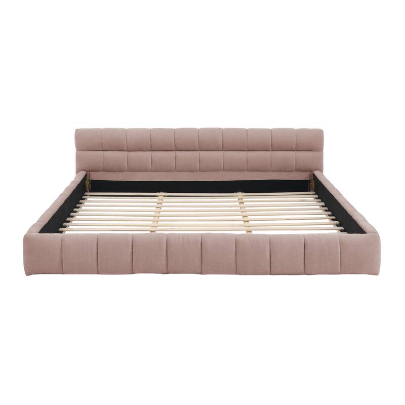 California King Size Chenille Fabric Bed Frame, Upholstered Grounded Platform Bed with Headboard, No Box Spring Needed