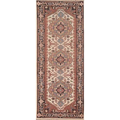 Geometric Beige Heriz Serapi Runner Rug Hand-Knotted Wool Carpet - 2'7"x 7'11"