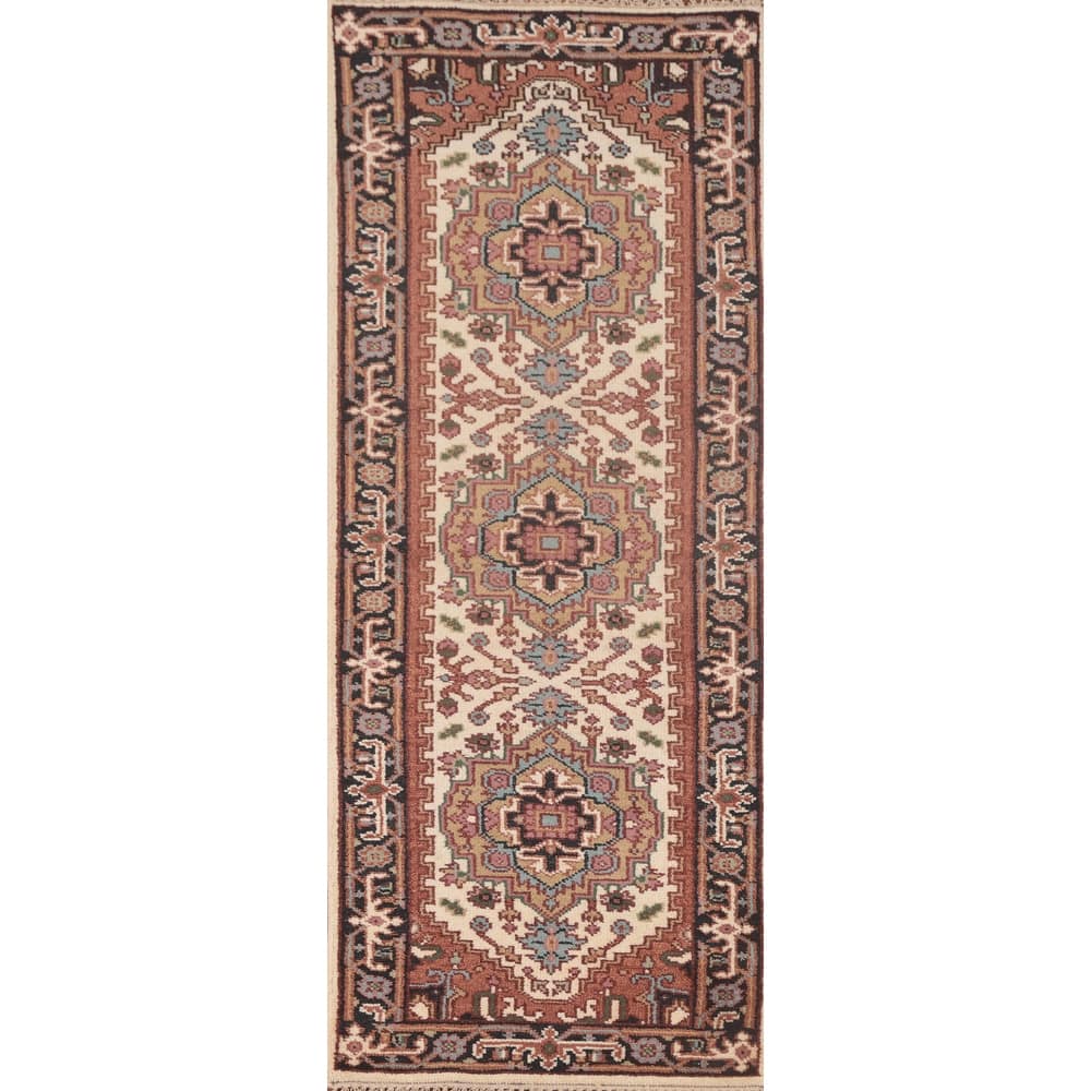 Geometric Beige Heriz Serapi Runner Rug Hand-Knotted Wool Carpet - 2'7"x 7'11"
