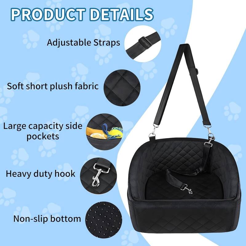 Comfy Dog Bed, Dog Booster Car Seat with Safety Belt and Storage Pockets