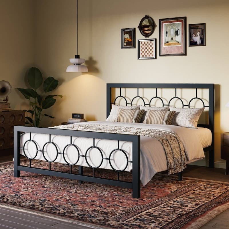 Art Deco Metal Platform Bed Frame with Openwork Headboard and Footboard Modern Iron Slat Support
