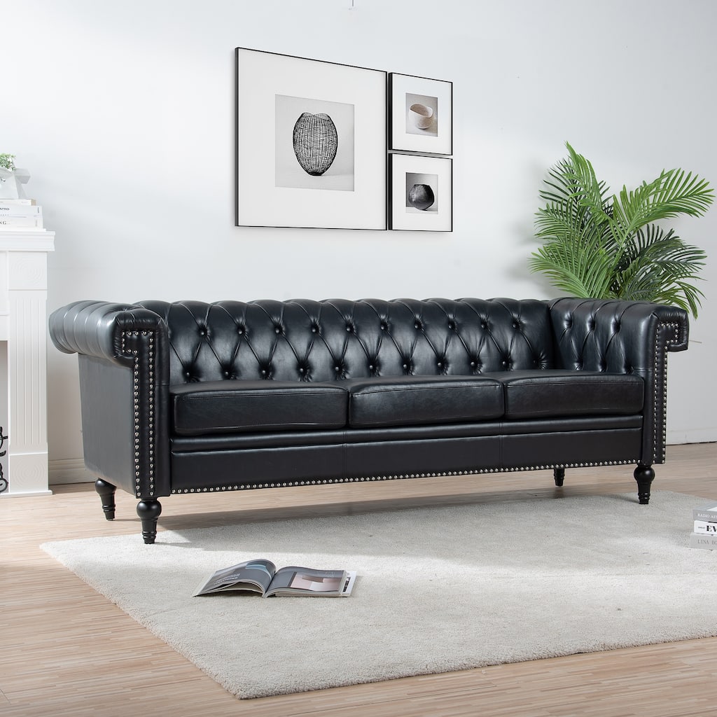 PU Leather 3 Seater Sofa, Upholstered Sofa with Rolled Arms & Removable Cushion, Lounge Sofa with Studs Trim & Wooden Legs