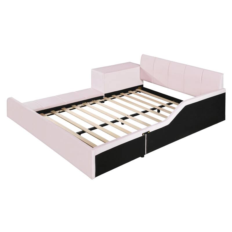 Velvet Upholstered Full Size Mother & Child Bed with Bedside Desk and Stool, Pink