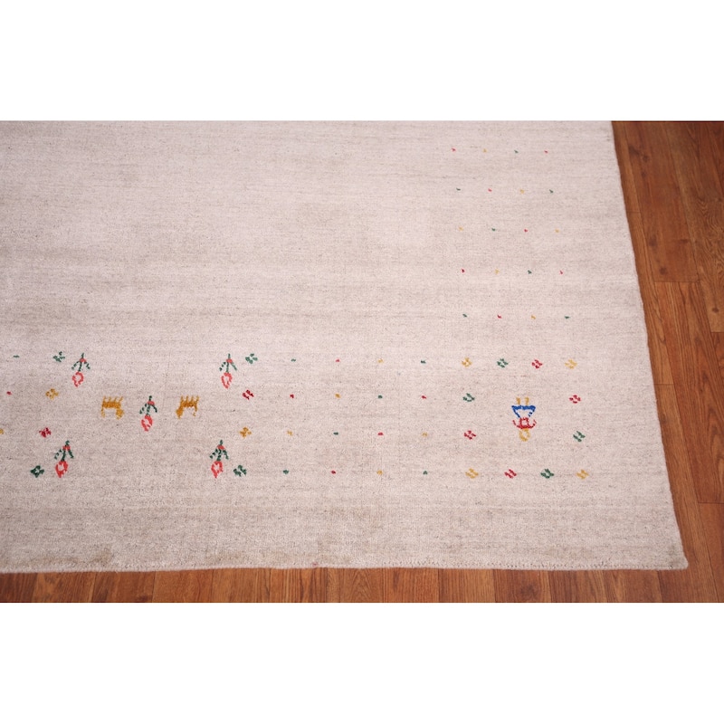 Gabbeh Indian Area Rug Hand-Knotted Oriental Beige Wool Carpet - 7'9" x 9'10"