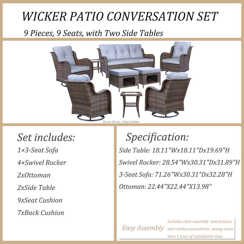 9-piece Wicker Outdoor Patio Furniture Sets with Swivel Rocker Chairs
