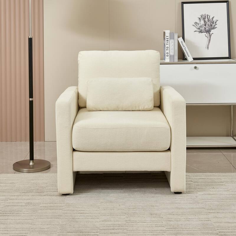 Beige 31.49" Chenille Arm Chair with Wood Frame