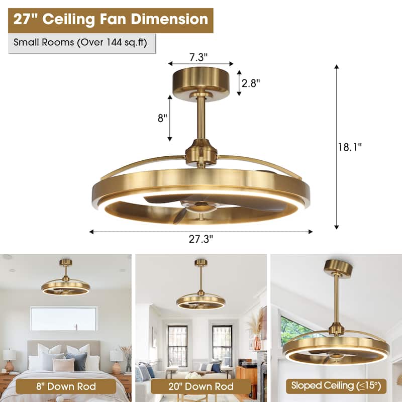 27" Gold ABS 3-blade LED Fandelier Bladeless Ceiling Fan with Light and Remote