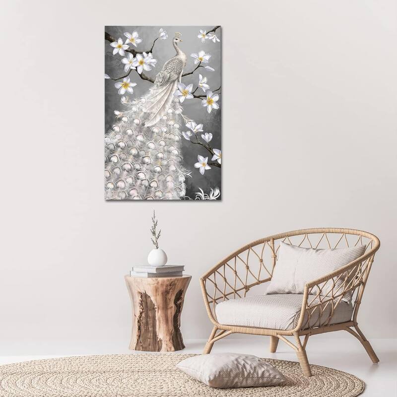 White Peacock Canvas Wall Art Elegant Bird and White Flower Painting