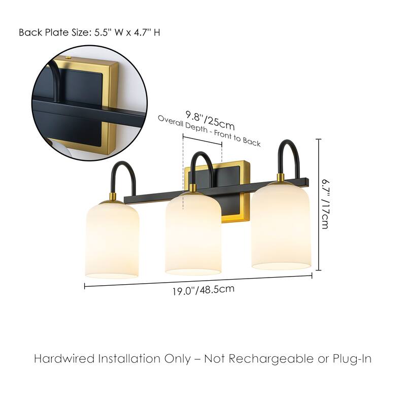 3-Light Modern Transitional Metal & Glass Bathroom Vanity Light with Milk White Glass Shades - 3 Light