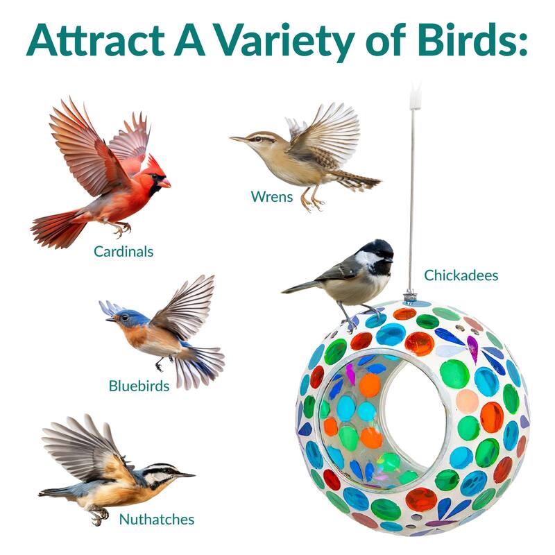 Hanging Bird Feeder Rainbow Daisies Mosaic Fly-Through Design - 6"