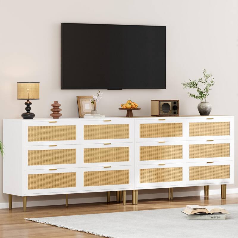 Natural Rattan 6-Drawer Dresser with Gold Legs & Handles, Wide Storage Chest for Bedroom or Living Room
