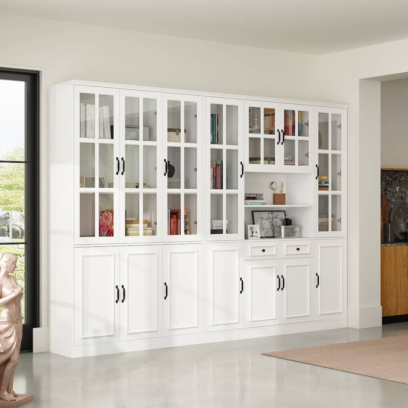 78.7"H Combo Buffet Sideboard White Curio Bookcase Cabinet Glass Door
