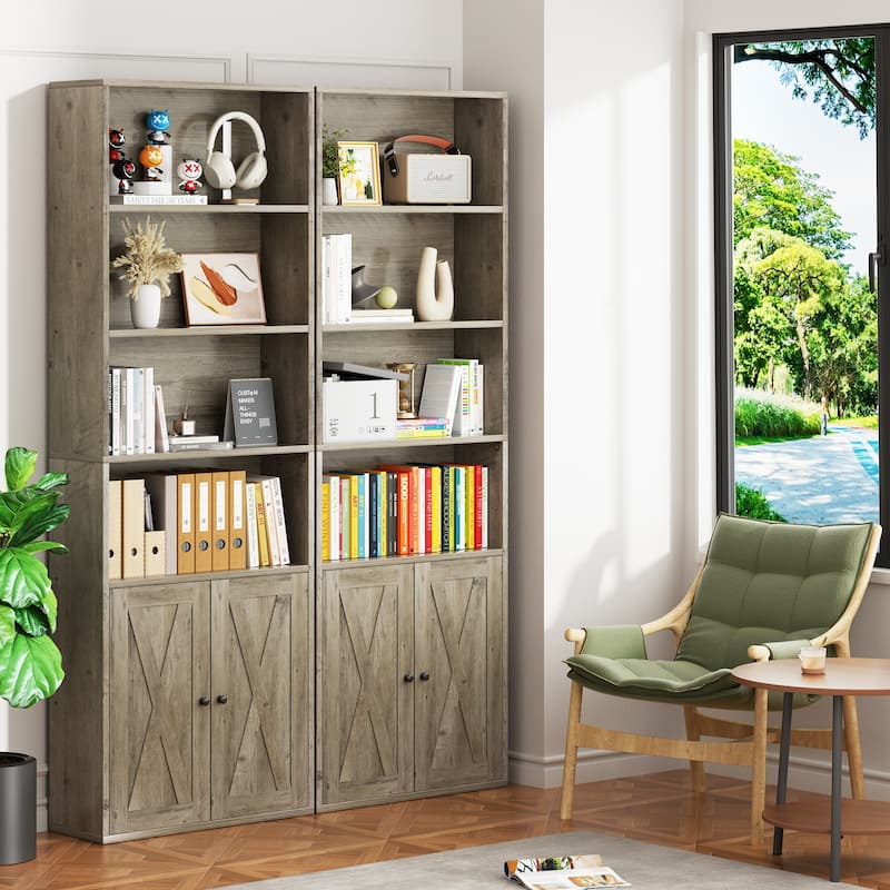 Farmhouse 6-Tier Open Bookcase and Bookshelf with Doors