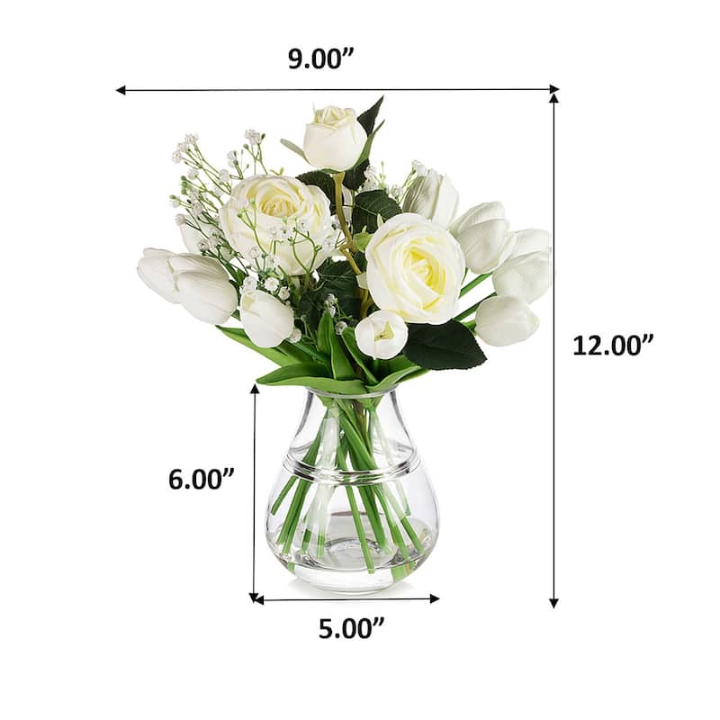 Mixed Rose and Tulip Flower Arrangement in Clear Glass Vase with Acrylic Water for Home Wedding Decoration