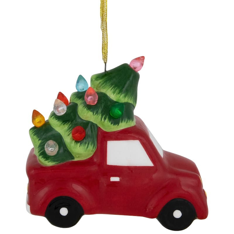 Lighted Truck with Christmas Tree Ceramic Ornament - 3.75" - Red and Green
