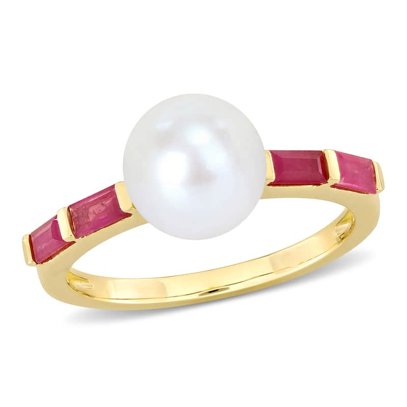 Miadora 8-8.5mm Cultured Freshwater Pearl 3/4ct TGW Baguette Ruby Ring 10k Yellow Gold