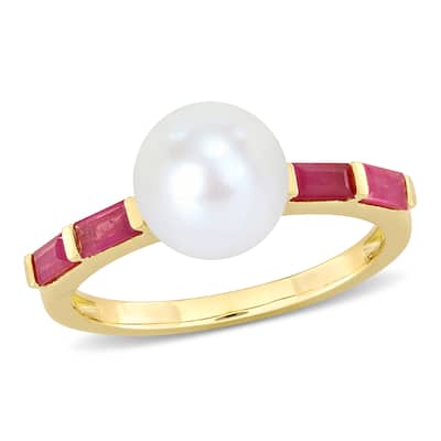 Miadora 8-8.5mm Cultured Freshwater Pearl 3/4ct TGW Baguette Ruby Ring 10k Yellow Gold