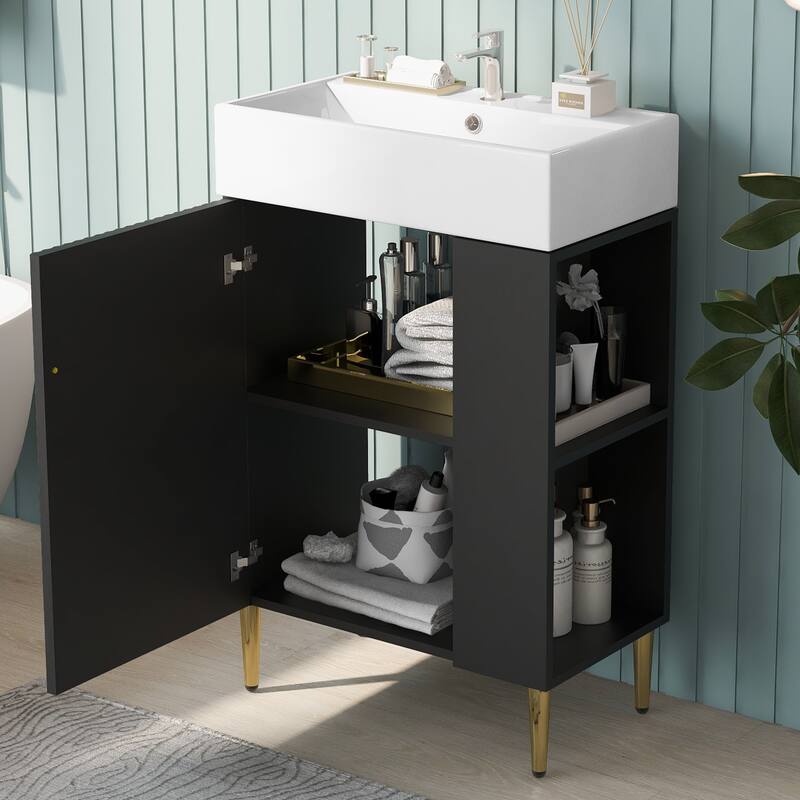 21.6" Bathroom Vanity, Combo Cabinet, Bathroom Storage Cabinet, Single Ceramic Sink, Right Side Storage - Black