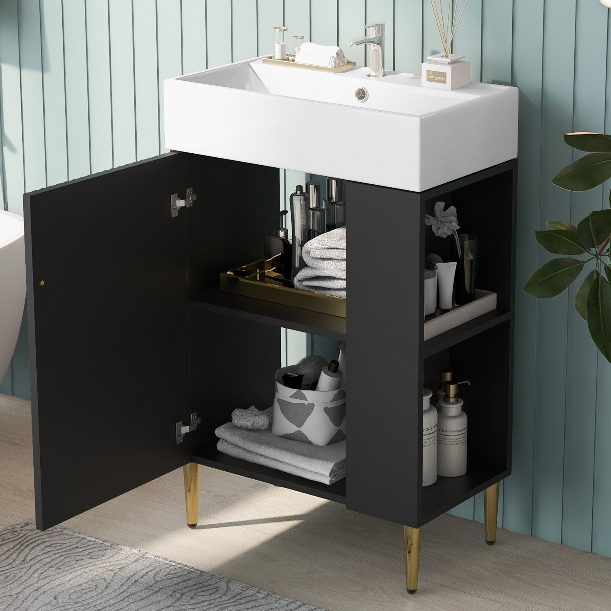 21.6" Wood Bathroom vanity, Combo Cabinet, Bathroom Storage Cabinet, Single Ceramic Sink, Right side storage
