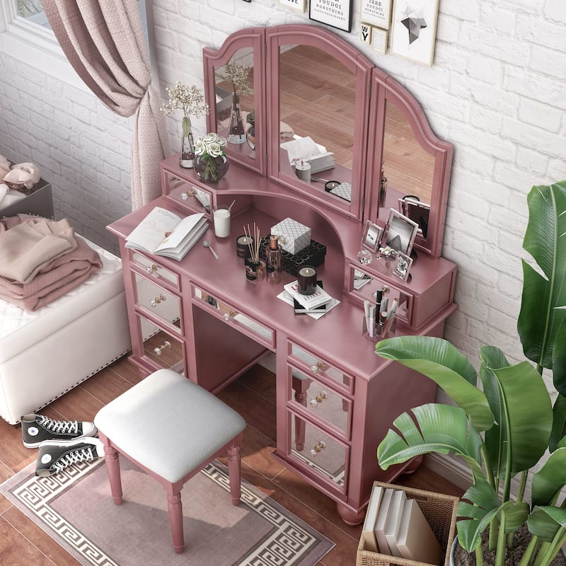 Furniture of America Nena Glam Wood 3-Piece Makeup Vanity Set with Tri-fold Mirror
