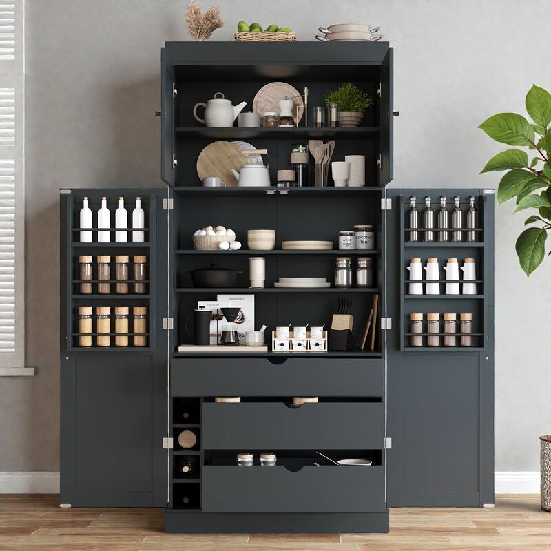 77 Inch Tall Kitchen Pantry Cabinet, Shaker Style Storage with Adjustable Shelves, Drawers, Door Shelves and Wine Racks