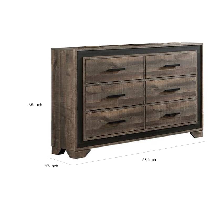 Nny 58 Inch Wide Dresser with 6 Drawers, Black Handles, Brown Wood Finish