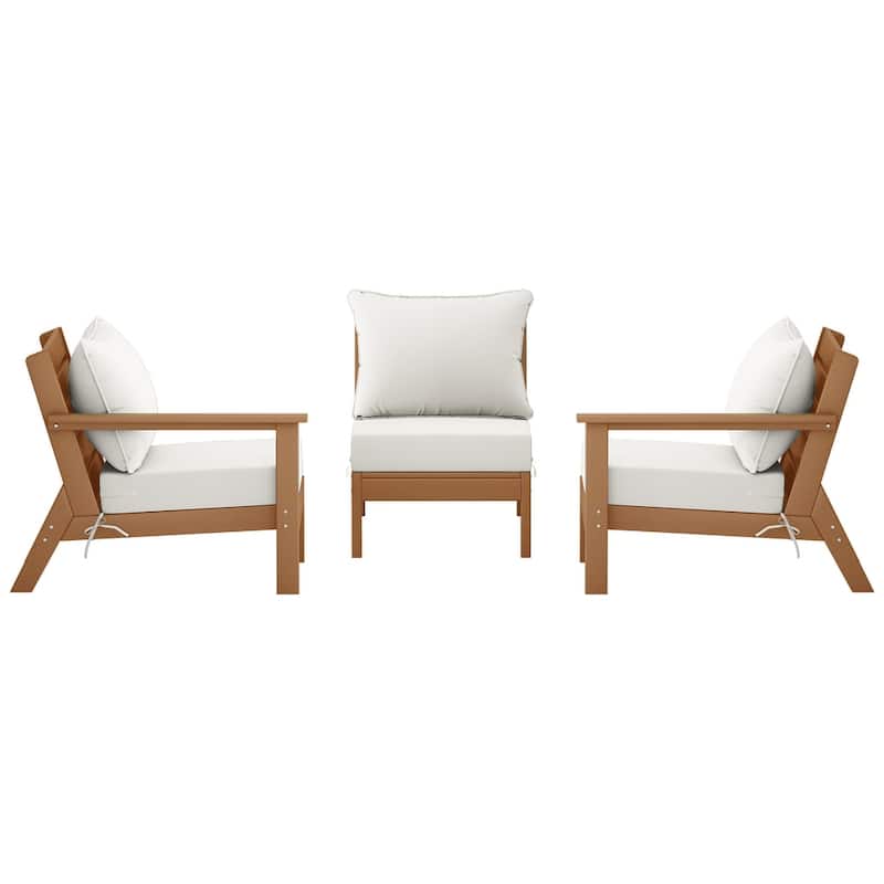 Polytrends Birchwood All Weather HDPE Outdoor Patio Deep Seating Teak Sofa With Cushions (3-Piece)