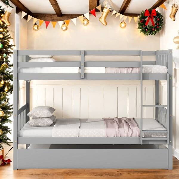 slide 2 of 36, Solid Wood Twin Over Twin Bunk Beds with Trundle,Safety Rail and Ladder,Kids Bed Design Grey