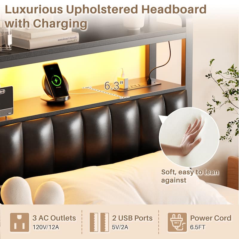 Platform Bed Frame with Upholstered Storage Headboard, Full/ Queen/ King Beds with Charge Station and LED Lights