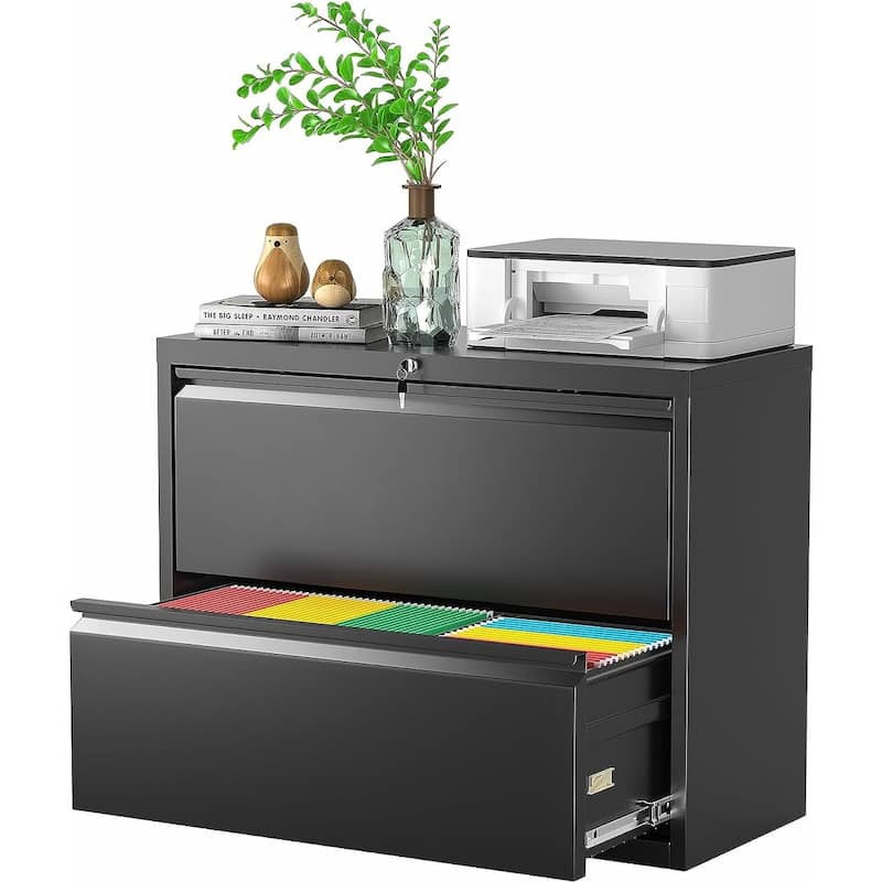 28"W 2 Drawer Metal Lateral File Cabinet with Lock - Black